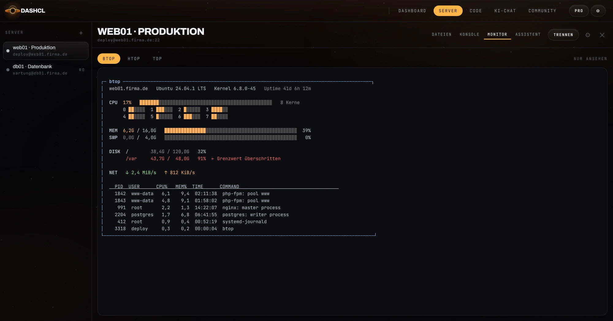 Überwachungsansicht eines Servers: Auslastung über acht Kerne, Arbeitsspeicher, Netzdurchsatz und Prozessliste. Die Partition /var steht bei 91 Prozent und ist rot als überschrittener Grenzwert markiert.